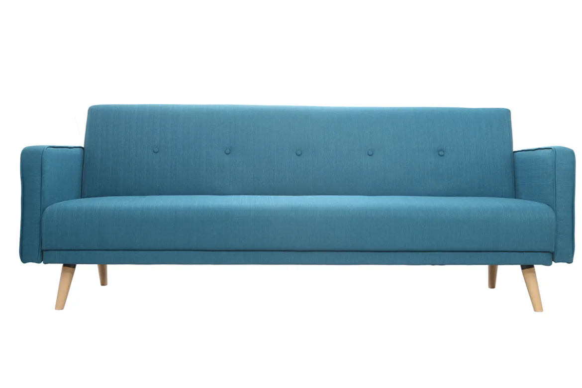 Canapé convertible scandinave 3 places en tissu bleu et bois clair ULLA