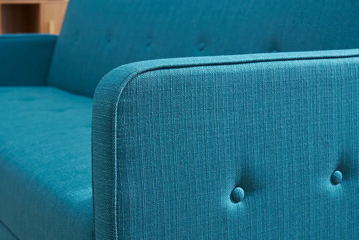Canapé convertible scandinave 3 places en tissu bleu et bois clair ULLA