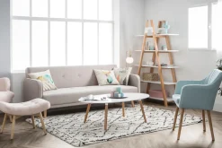 Canapé convertible scandinave 3 places en tissu beige et bois clair ULLA