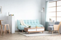 Canapé convertible scandinave en tissu menthe à l'eau et bois clair YUMI