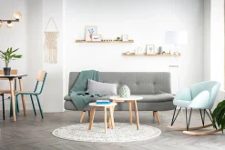 Canapé convertible scandinave 3 places en tissu vert lagon et bois clair SENSO