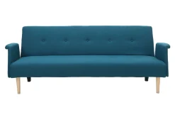 Canapé convertible scandinave 3 places en tissu bleu canard et bois clair OSCAR
