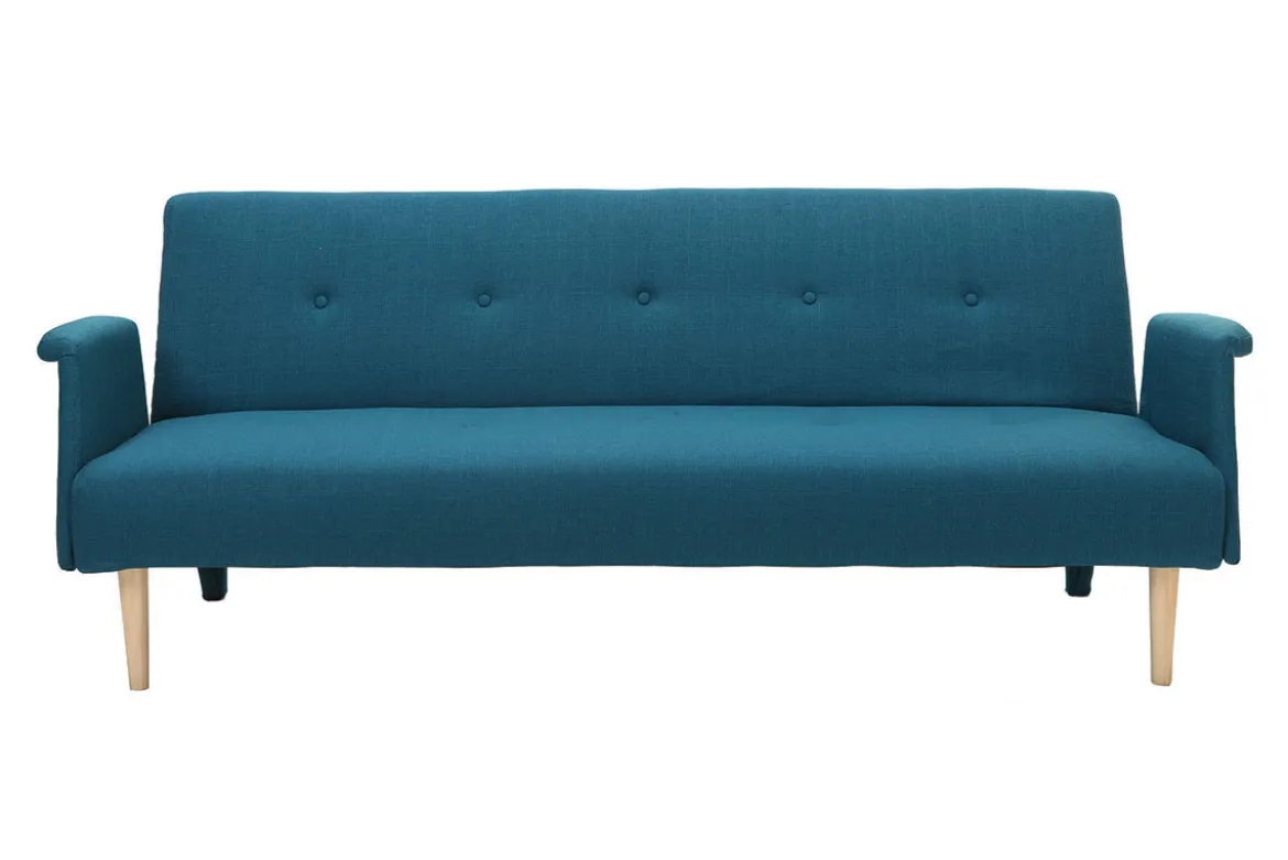 Canapé convertible scandinave 3 places en tissu bleu canard et bois clair OSCAR