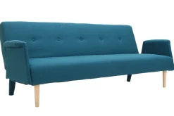 Canapé convertible scandinave 3 places en tissu bleu canard et bois clair OSCAR