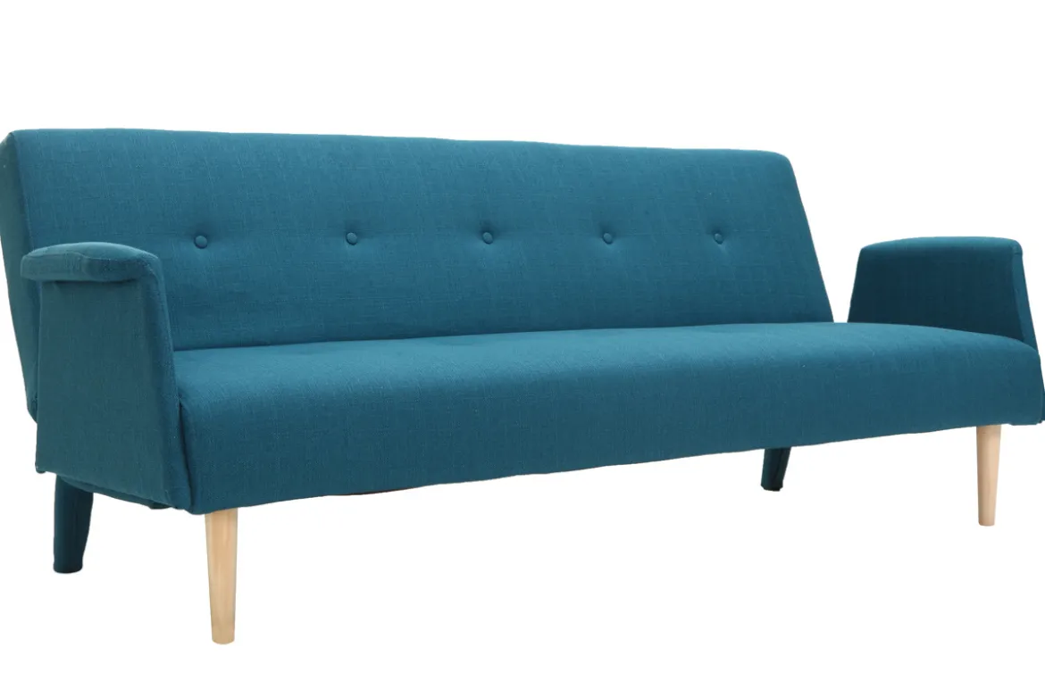 Canapé convertible scandinave 3 places en tissu bleu canard et bois clair OSCAR