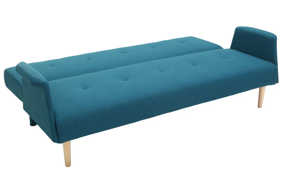 Canapé convertible scandinave 3 places en tissu bleu canard et bois clair OSCAR
