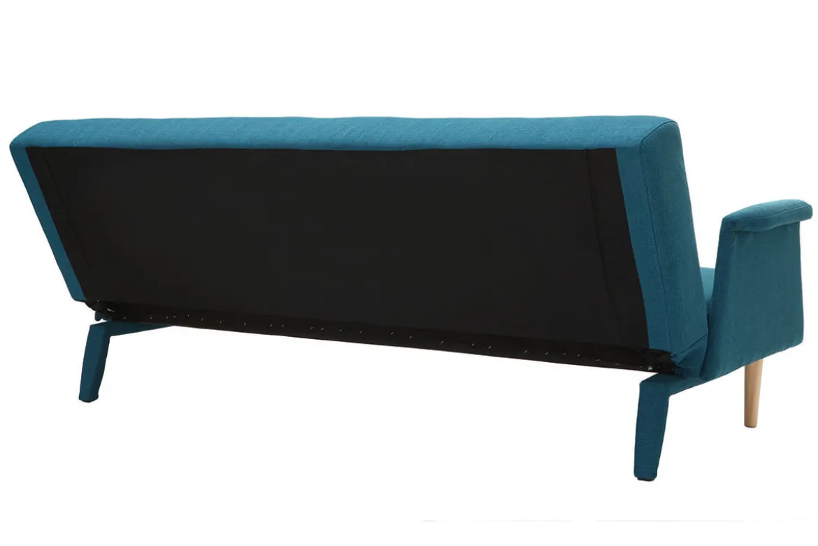 Canapé convertible scandinave 3 places en tissu bleu canard et bois clair OSCAR