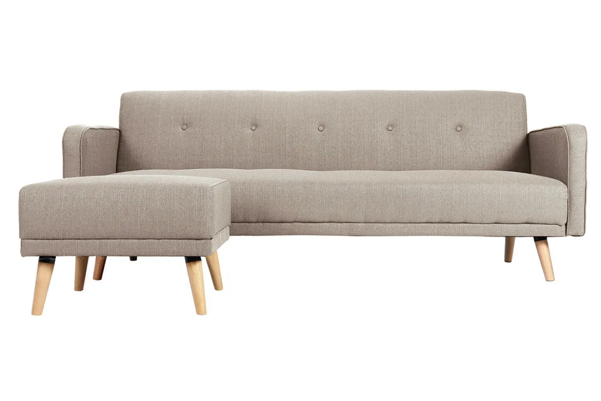 Canapé convertible scandinave 3 places avec repose-pieds en tissu beige et bois clair ULLA