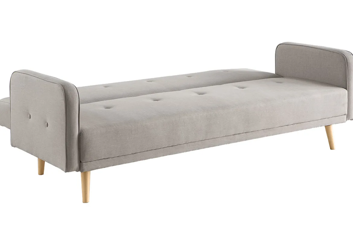 Canapé convertible scandinave 3 places avec repose-pieds en tissu beige et bois clair ULLA