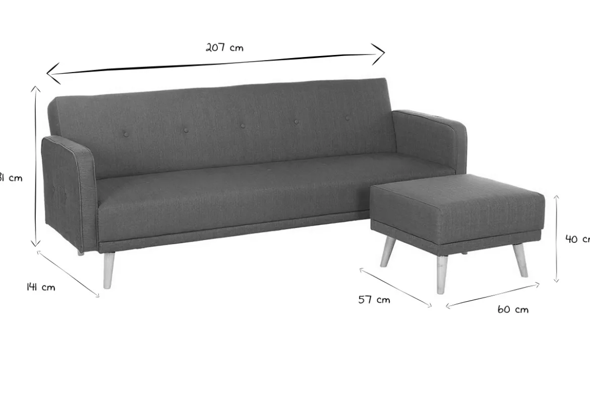 Canapé convertible scandinave 3 places avec repose-pieds en tissu beige et bois clair ULLA