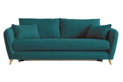 Canapé convertible scandinave 3 places en tissu bleu paon et bois clair avec matelas 10 cm CREEP