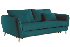 Canapé convertible scandinave 3 places en tissu bleu paon et bois clair avec matelas 10 cm CREEP