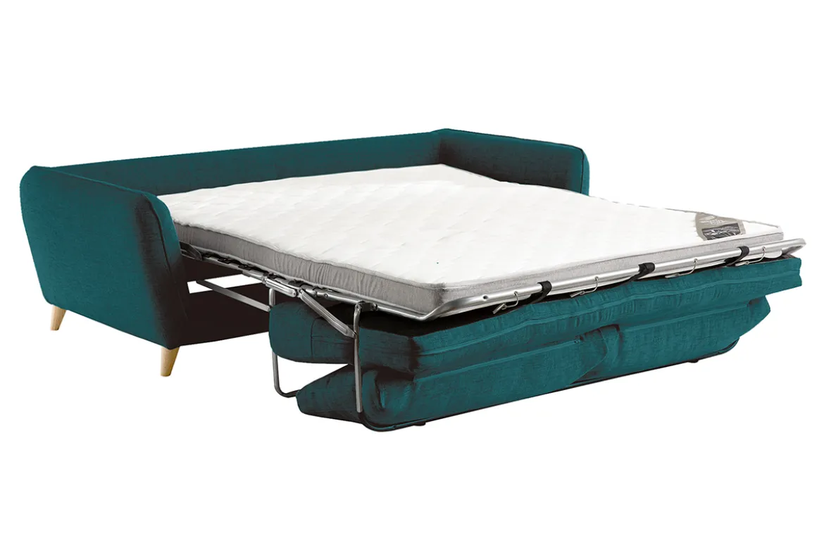 Canapé convertible scandinave 3 places en tissu bleu paon et bois clair avec matelas 10 cm CREEP