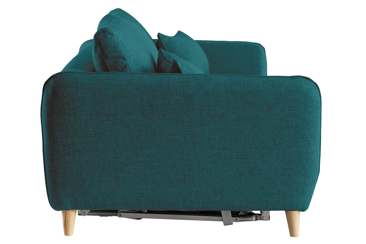 Canapé convertible scandinave 3 places en tissu bleu paon et bois clair avec matelas 10 cm CREEP