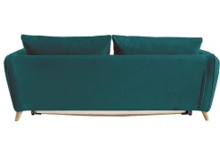 Canapé convertible scandinave 3 places en tissu bleu paon et bois clair avec matelas 10 cm CREEP