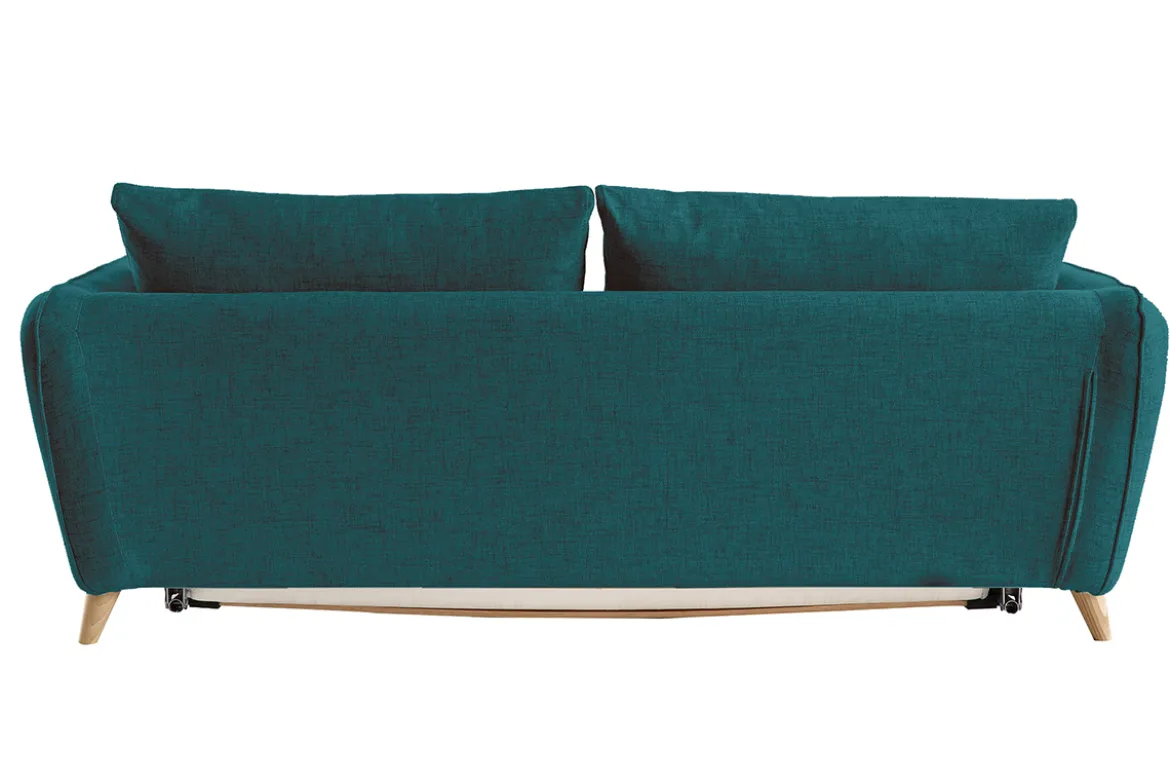 Canapé convertible scandinave 3 places en tissu bleu paon et bois clair avec matelas 10 cm CREEP