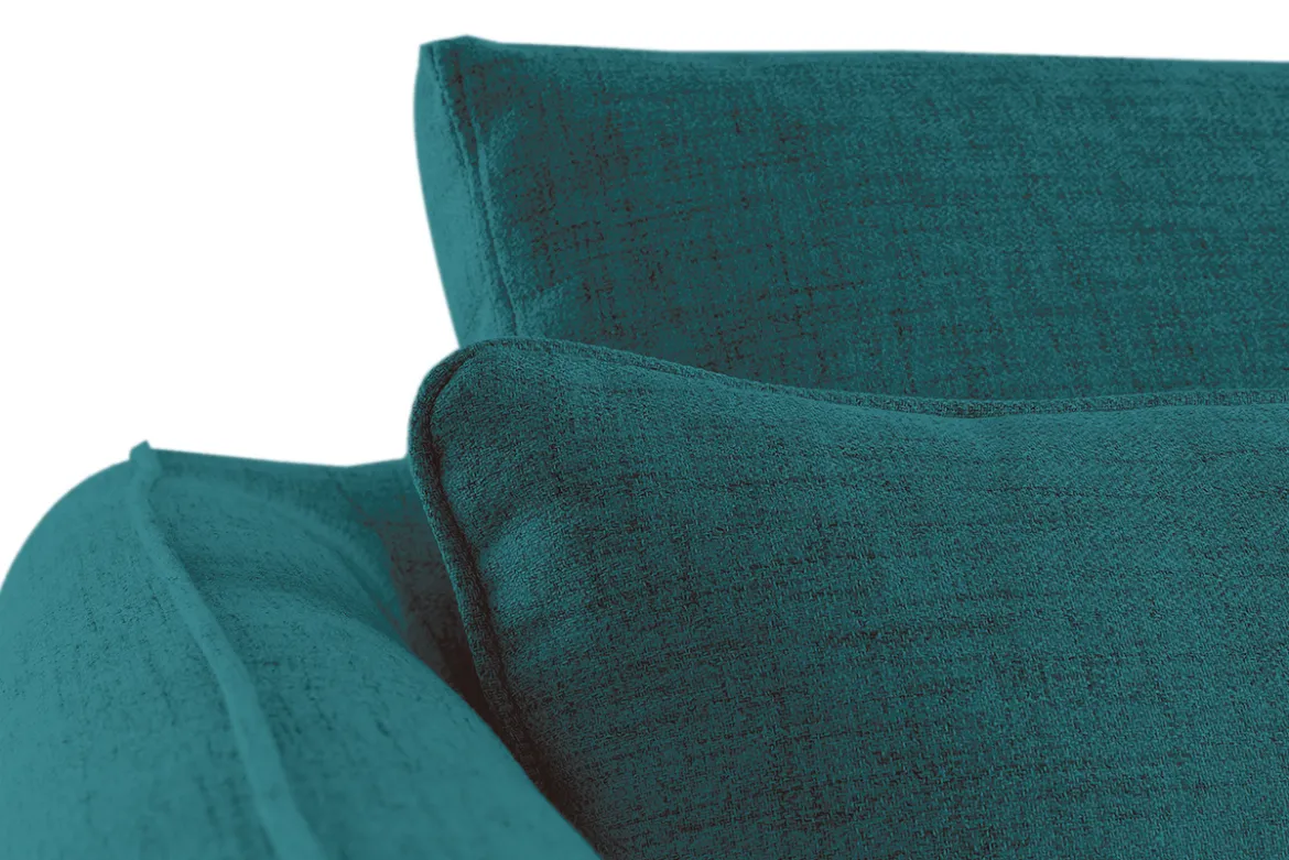 Canapé convertible scandinave 3 places en tissu bleu paon et bois clair avec matelas 10 cm CREEP