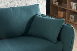 Canapé convertible scandinave 3 places en tissu bleu paon et bois clair avec matelas 10 cm CREEP