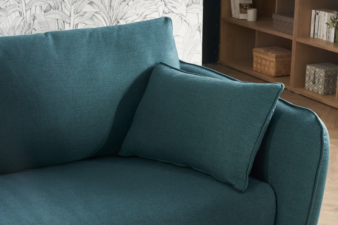 Canapé convertible scandinave 3 places en tissu bleu paon et bois clair avec matelas 10 cm CREEP