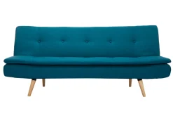 Canapé convertible scandinave 3 places en tissu bleu canard et bois clair SENSO
