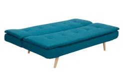 Canapé convertible scandinave 3 places en tissu bleu canard et bois clair SENSO