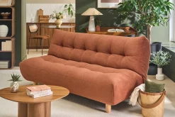 Canapé convertible scandinave 3 places en tissu chenille terre brûlée et bois clair YUMI