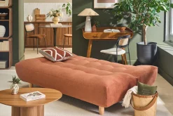 Canapé convertible scandinave 3 places en tissu chenille terre brûlée et bois clair YUMI