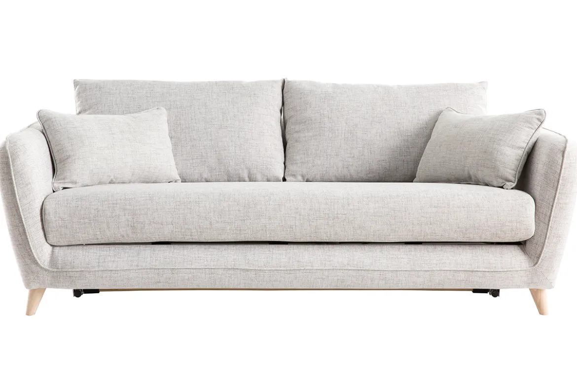 Canapé convertible scandinave 3 places en tissu gris clair chiné et bois clair avec matelas 10 cm CREEP