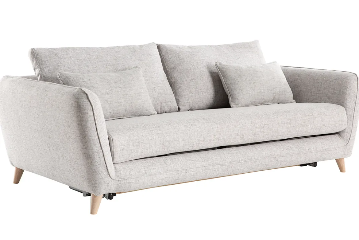 Canapé convertible scandinave 3 places en tissu gris clair chiné et bois clair avec matelas 10 cm CREEP
