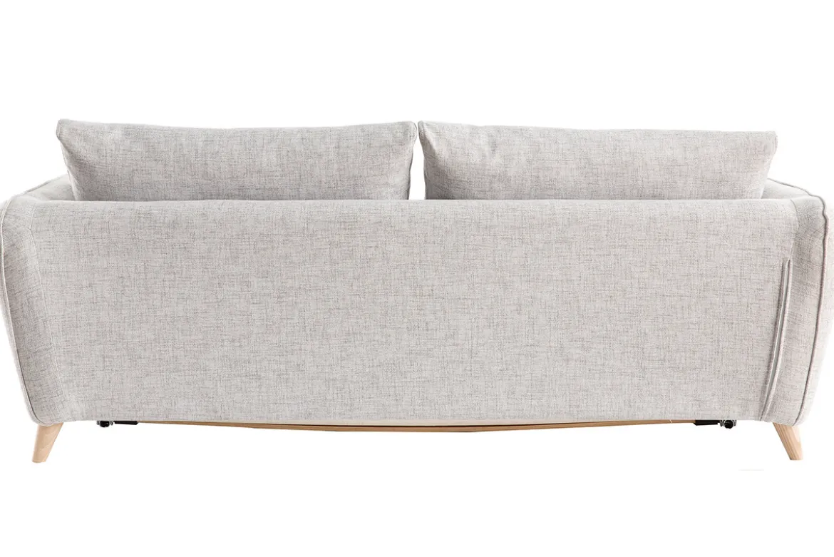 Canapé convertible scandinave 3 places en tissu gris clair chiné et bois clair avec matelas 10 cm CREEP