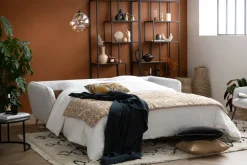 Canapé convertible scandinave 3 places en tissu gris clair chiné et bois clair avec matelas 10 cm CREEP