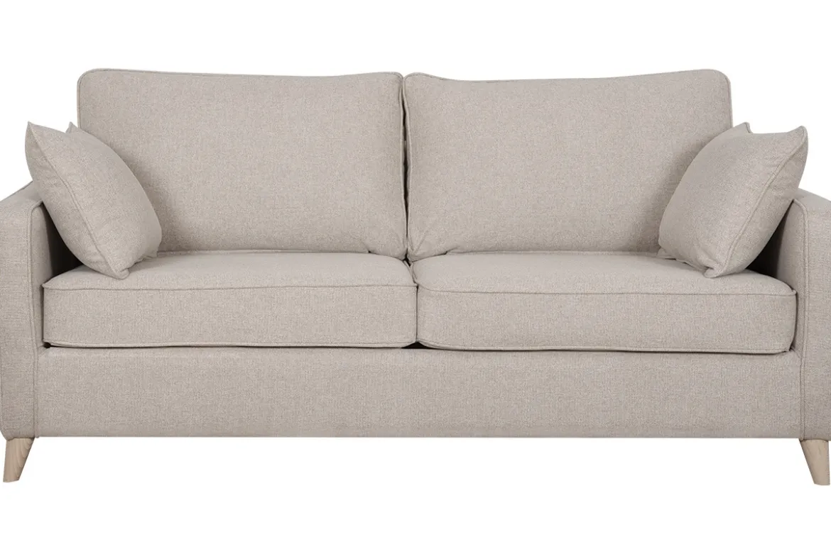 Canapé convertible scandinave 3 places en tissu beige et bois clair avec matelas 10 cm PAPEL