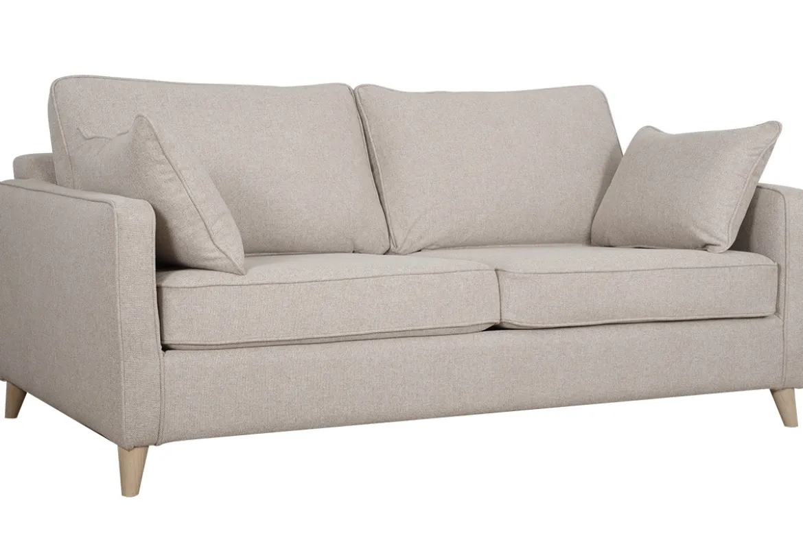 Canapé convertible scandinave 3 places en tissu beige et bois clair avec matelas 10 cm PAPEL