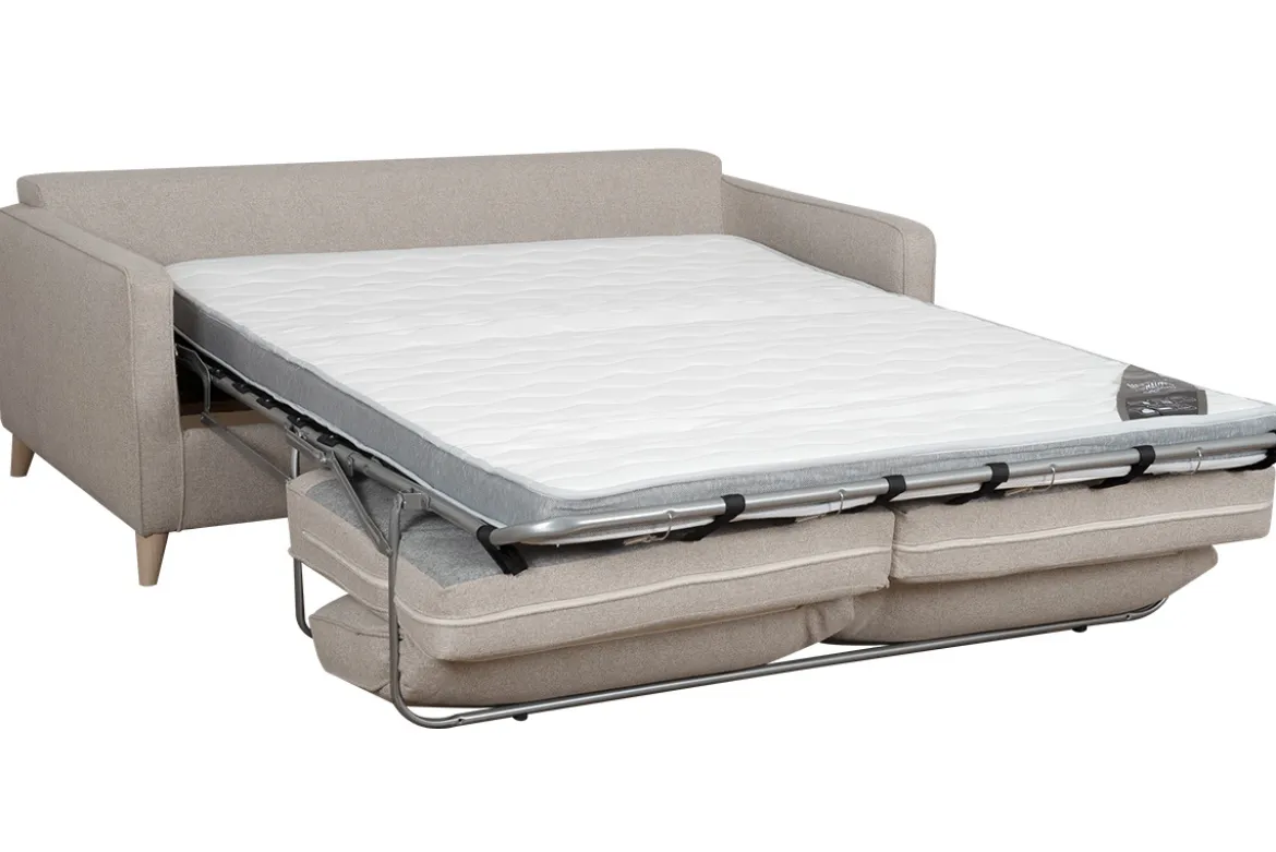 Canapé convertible scandinave 3 places en tissu beige et bois clair avec matelas 10 cm PAPEL