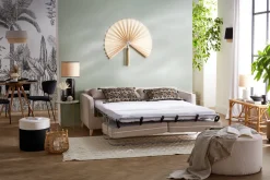 Canapé convertible scandinave 3 places en tissu beige et bois clair avec matelas 10 cm PAPEL
