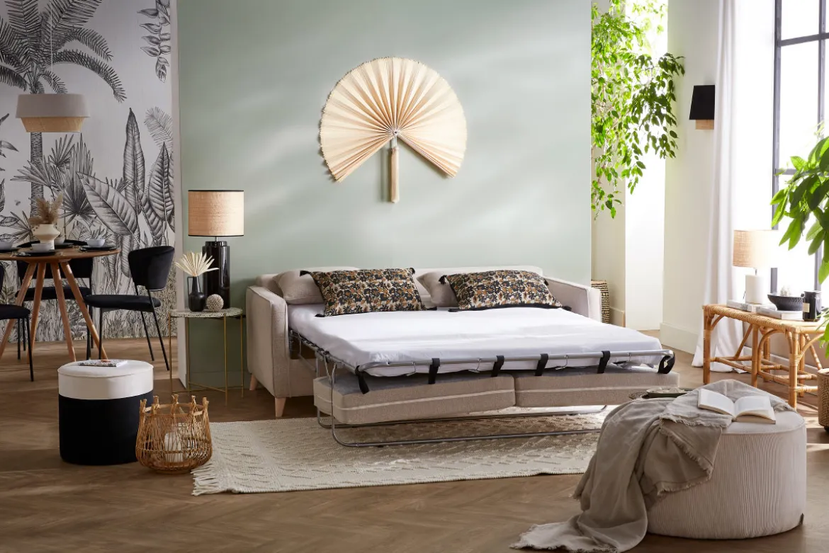 Canapé convertible scandinave 3 places en tissu beige et bois clair avec matelas 10 cm PAPEL