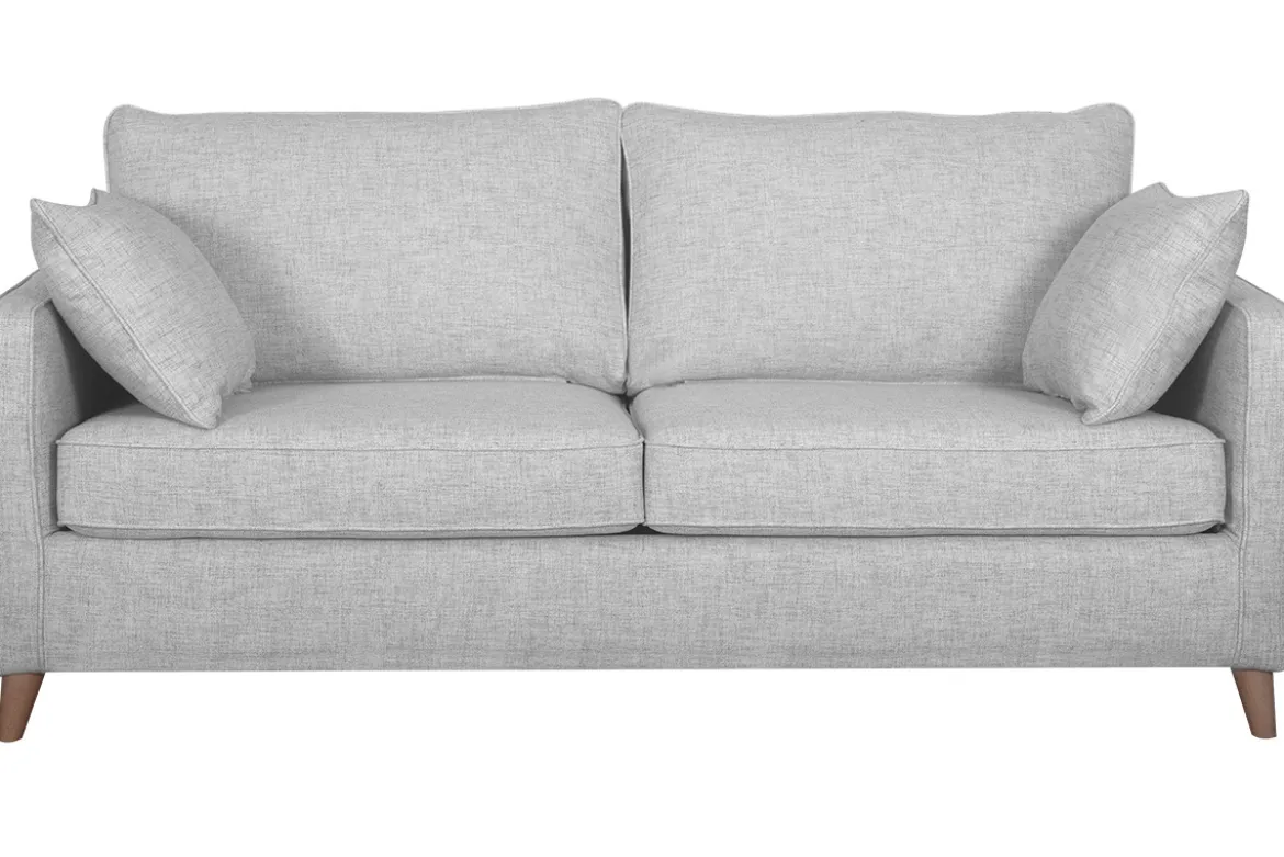 Canapé convertible scandinave 3 places en tissu gris clair et bois clair avec matelas 10 cm PAPEL