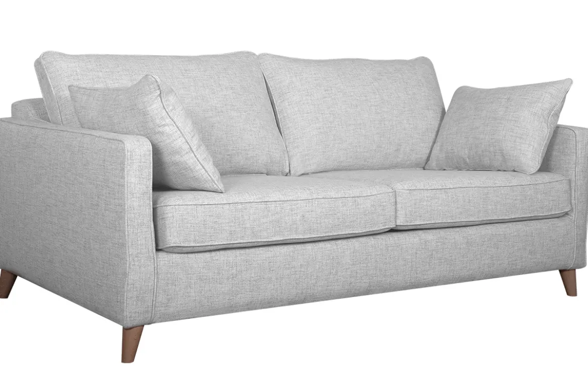 Canapé convertible scandinave 3 places en tissu gris clair et bois clair avec matelas 10 cm PAPEL