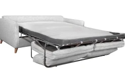 Canapé convertible scandinave 3 places en tissu gris clair et bois clair avec matelas 10 cm PAPEL