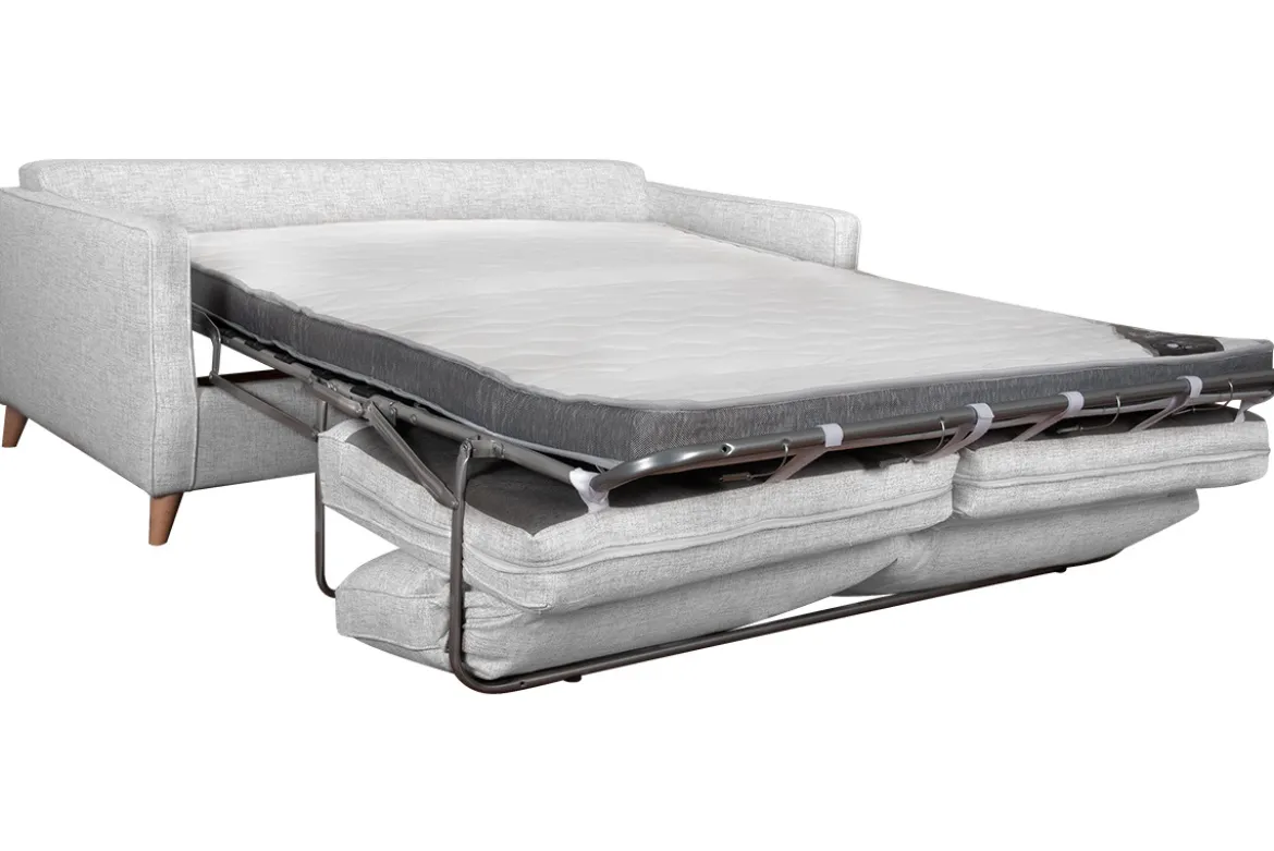 Canapé convertible scandinave 3 places en tissu gris clair et bois clair avec matelas 10 cm PAPEL