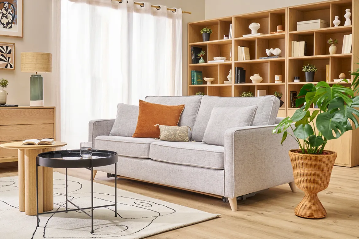 Canapé convertible scandinave 3 places en tissu gris clair et bois clair avec matelas 10 cm PAPEL