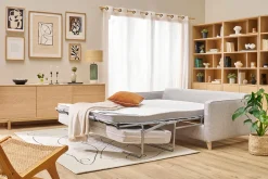 Canapé convertible scandinave 3 places en tissu gris clair et bois clair avec matelas 10 cm PAPEL