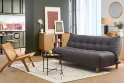 Canapé convertible scandinave 3 places en tissu gris foncé et bois clair YUMI