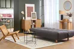 Canapé convertible scandinave 3 places en tissu gris foncé et bois clair YUMI