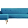 Canapé convertible scandinave 3 places avec repose-pieds en tissu bleu canard et bois clair ULLA