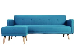 Canapé convertible scandinave 3 places avec repose-pieds en tissu bleu canard et bois clair ULLA