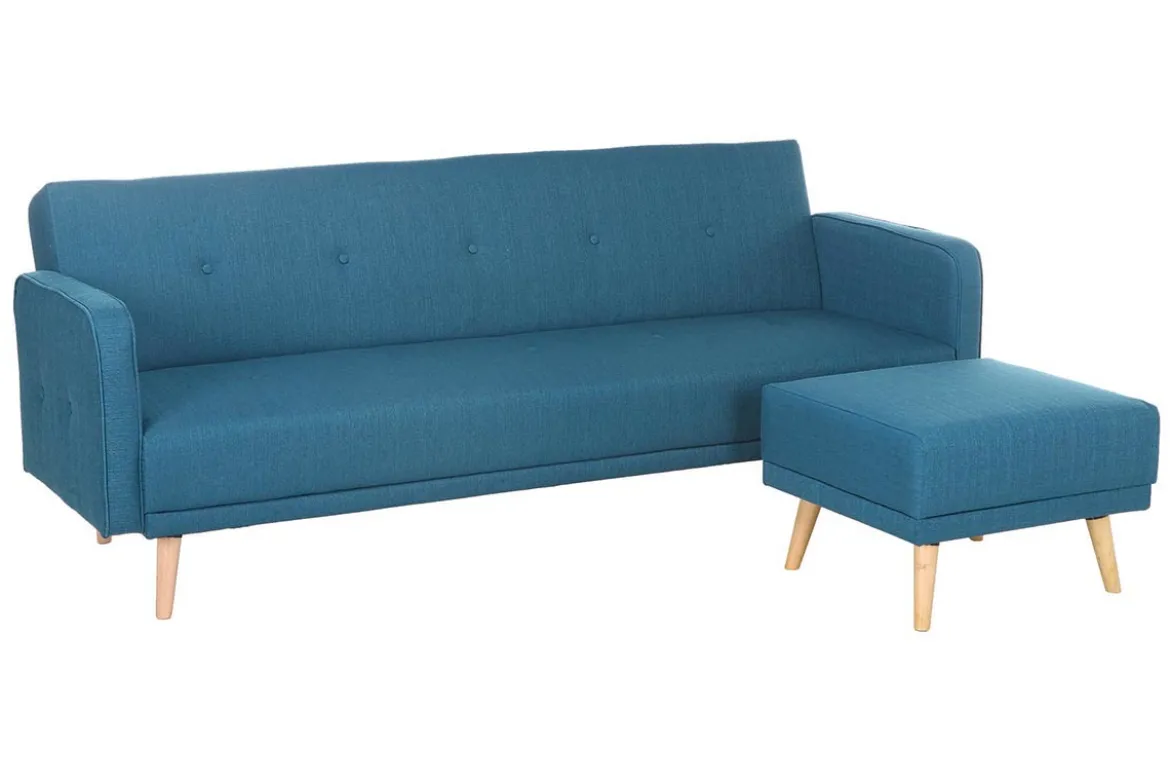 Canapé convertible scandinave 3 places avec repose-pieds en tissu bleu canard et bois clair ULLA