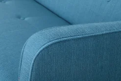 Canapé convertible scandinave 3 places avec repose-pieds en tissu bleu canard et bois clair ULLA