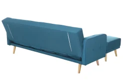 Canapé convertible scandinave 3 places avec repose-pieds en tissu bleu canard et bois clair ULLA
