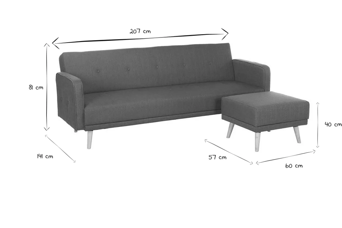 Canapé convertible scandinave 3 places avec repose-pieds en tissu bleu canard et bois clair ULLA